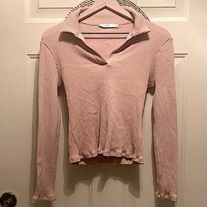 NWOT Dry Goods Lush Fitted Ribbed Polo Collar Top Long Sleeve Nude Beige Size M